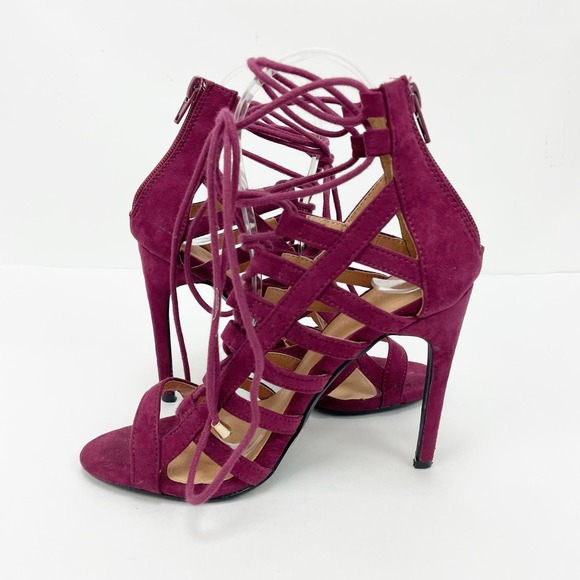 Charlotte Russe Lace Up Heels 6 Burgundy Suede Peep Toe Stiletto Strappy Sandals - Picture 6 of 11